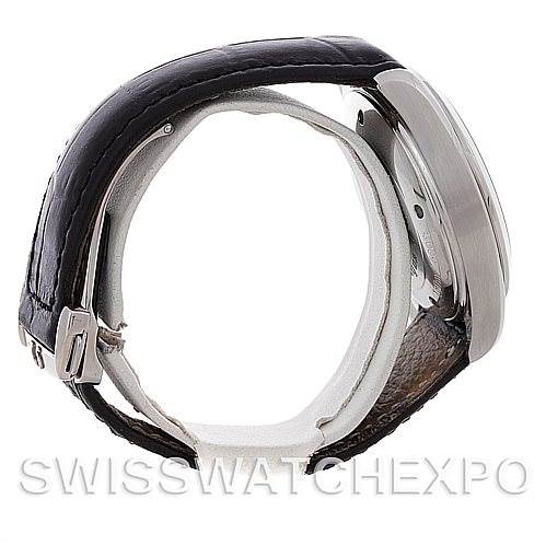 The image shows a side view of the Omega Aqua Terra 2812.50.37 Men
s Stainless Steel Black Dial 2812.50.37 Men
s Stainless Steel Black Dial watch, highlighting the case, bezel, and leather strap.