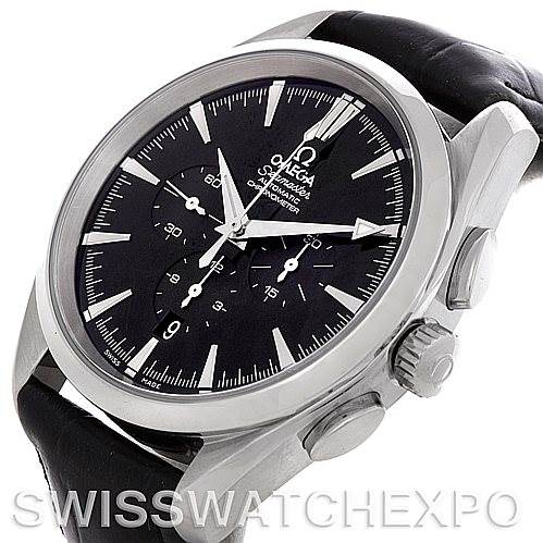 The image shows an Omega Aqua Terra 2812.50.37 Men
s Stainless Steel Black Dial 2812.50.37 Men
s Stainless Steel Black Dial watch angled to display the face, bezel, and crown with a visible black leather strap.