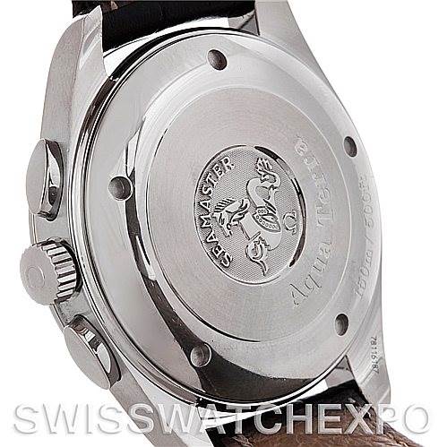 The image shows the case back of an Omega Aqua Terra 2812.50.37 Men
s Stainless Steel Black Dial 2812.50.37 Men
s Stainless Steel Black Dial watch from a slightly angled side view, revealing the engraved logo and inscriptions.