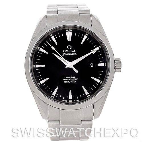 The image shows a front view of an Omega Aqua Terra 2502.50.00 Men's Stainless Steel Black Dial 2502.50.00 Men's Stainless Steel Black Dial watch, highlighting the dial, hands, date function, and part of the bracelet.