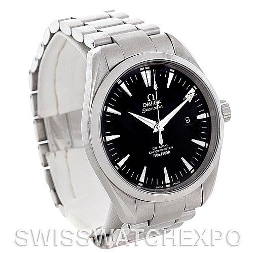 The image shows an Omega Aqua Terra 2502.50.00 Men's Stainless Steel Black Dial 2502.50.00 Men's Stainless Steel Black Dial watch at an angled front view, highlighting the dial, case, bezel, and part of the bracelet.