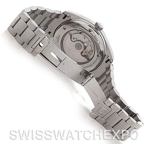 The image shows the back of the Omega Aqua Terra 2502.50.00 Men's Stainless Steel Black Dial 2502.50.00 Men's Stainless Steel Black Dial watch, highlighting the open case back and steel bracelet clasp.