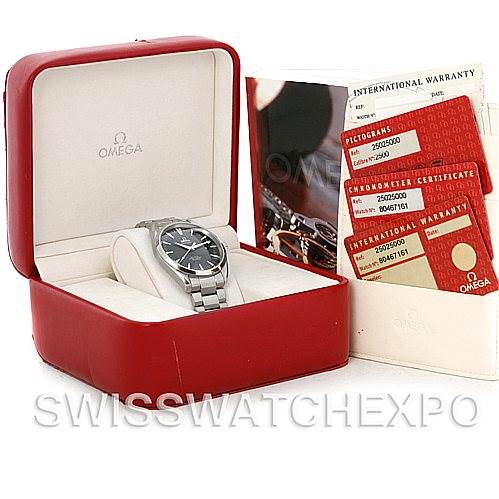 The image shows the Omega Aqua Terra 2502.50.00 Men's Stainless Steel Black Dial 2502.50.00 Men's Stainless Steel Black Dial watch in its box, alongside warranty papers and certificates.