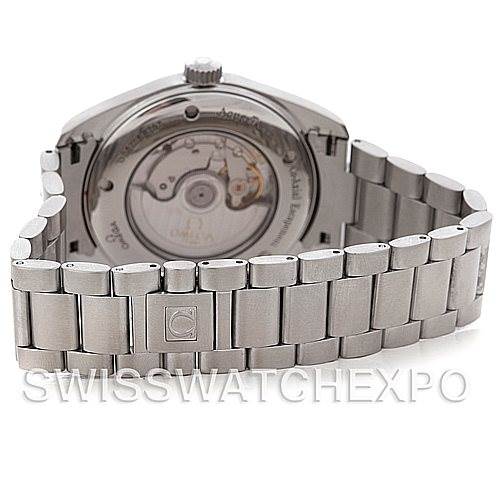 The image shows the back view of an Omega Aqua Terra 2502.50.00 Men's Stainless Steel Black Dial 2502.50.00 Men's Stainless Steel Black Dial watch, highlighting the movement and stainless steel bracelet.