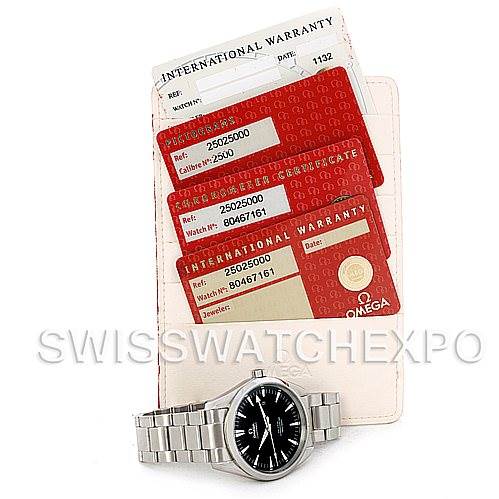The image shows an Omega Aqua Terra 2502.50.00 Men's Stainless Steel Black Dial 2502.50.00 Men's Stainless Steel Black Dial watch with its bracelet, accompanied by warranty cards and certification papers.