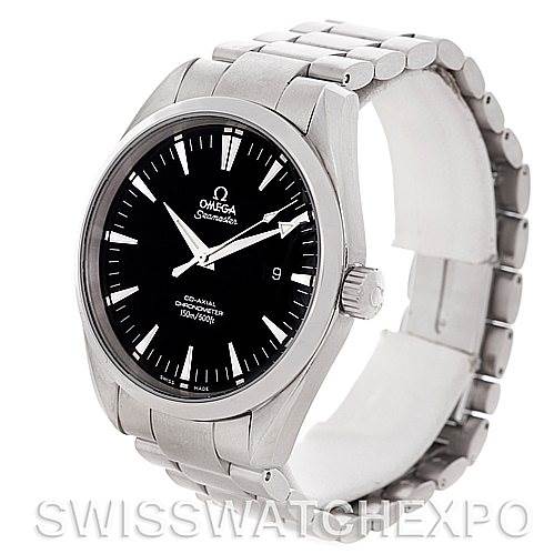 The image shows an Omega Aqua Terra 2502.50.00 Men's Stainless Steel Black Dial 2502.50.00 Men's Stainless Steel Black Dial watch at a three-quarter angle, featuring its stainless steel case, bracelet, and black dial.