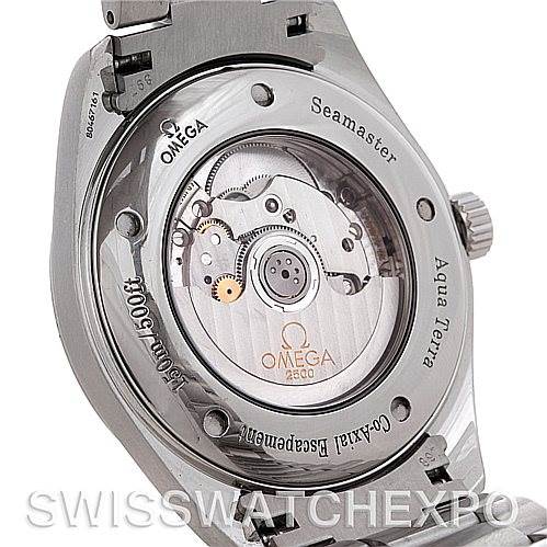 The image shows the back case and exposed movement of the Omega Seamaster Aqua Terra watch.