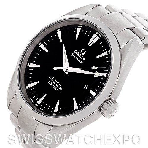 The image shows an Omega Aqua Terra 2502.50.00 Men's Stainless Steel Black Dial 2502.50.00 Men's Stainless Steel Black Dial watch at an angled view, highlighting the black dial, stainless steel case, crown, and bracelet.