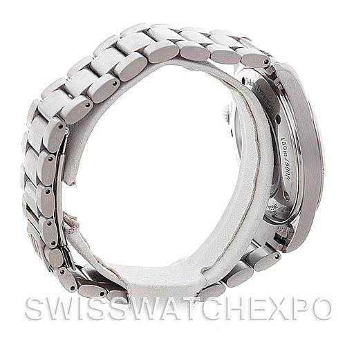 This image shows the side view of the Omega Aqua Terra 2502.50.00 Men's Stainless Steel Black Dial 2502.50.00 Men's Stainless Steel Black Dial model with its stainless steel bracelet and case back.