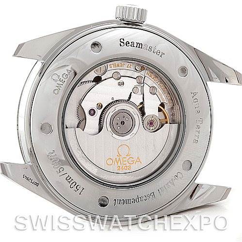 This image shows the back case of the Omega Aqua Terra 2502.52.00 Men
s Stainless Steel Black Dial 2502.52.00 Men
s Stainless Steel Black Dial watch, revealing the mechanical movement inside.