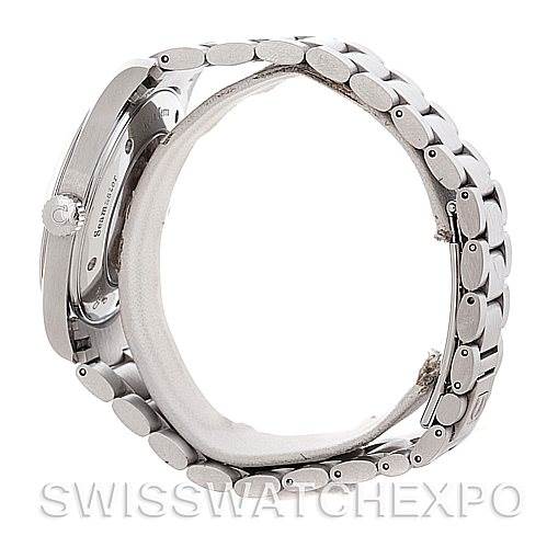 The image shows a side view of the Omega Aqua Terra 2502.52.00 Men
s Stainless Steel Black Dial 2502.52.00 Men
s Stainless Steel Black Dial watch focusing on the case thickness and metal bracelet.