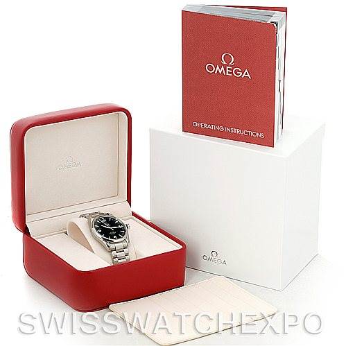 The image shows an Omega Aqua Terra 2502.52.00 Men
s Stainless Steel Black Dial 2502.52.00 Men
s Stainless Steel Black Dial watch in its box, along with the operating instructions and outer box, all viewed from a front angle.