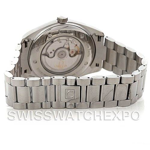 The image shows the back view of an Omega Aqua Terra 2502.52.00 Men
s Stainless Steel Black Dial 2502.52.00 Men
s Stainless Steel Black Dial watch, highlighting the bracelet and the exposed movement through the case back.