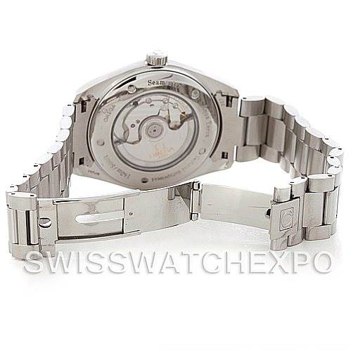 The image shows the case back, exhibition case, and open clasp of the Omega Aqua Terra 2502.52.00 Men
s Stainless Steel Black Dial 2502.52.00 Men
s Stainless Steel Black Dial watch from a rear angle.