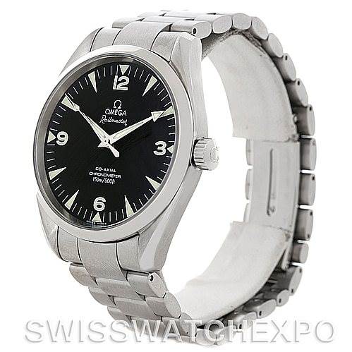 The image shows an Omega Aqua Terra 2502.52.00 Men
s Stainless Steel Black Dial 2502.52.00 Men
s Stainless Steel Black Dial watch at an angled side view, highlighting the case, dial, and bracelet.