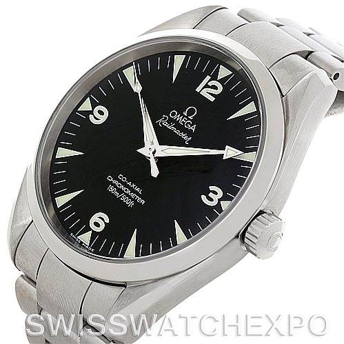 The image shows a front angle of the Omega Aqua Terra 2502.52.00 Men
s Stainless Steel Black Dial 2502.52.00 Men
s Stainless Steel Black Dial watch, displaying its black dial, hands, and stainless steel bracelet.