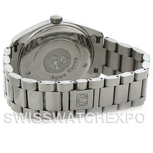 This image shows the back of the Aqua Terra model by Omega, highlighting its bracelet and case back.