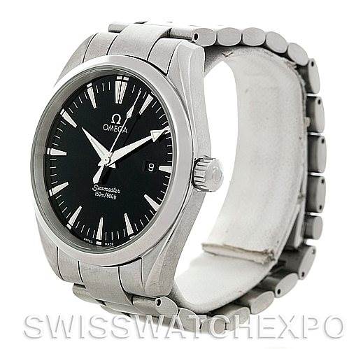 The Omega Aqua Terra 2517.50.00 Men
s Stainless Steel Black Dial 2517.50.00 Men
s Stainless Steel Black Dial watch is shown at an angle highlighting its dial, bezel, crown, and part of the bracelet.