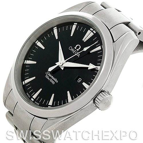 The Omega Aqua Terra 2517.50.00 Men
s Stainless Steel Black Dial 2517.50.00 Men
s Stainless Steel Black Dial watch is shown at a three-quarter angle, displaying the face, bezel, crown, and part of the bracelet.