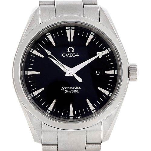 The image shows a frontal view of the Omega Aqua Terra 2517.50.00 Men
s Stainless Steel Black Dial 2517.50.00 Men
s Stainless Steel Black Dial watch, highlighting the face, bezel, crown, and part of the bracelet.