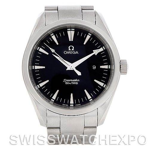 This image shows a front view of the Omega Seamaster Aqua Terra watch, highlighting the face, hour markers, and part of the bracelet.