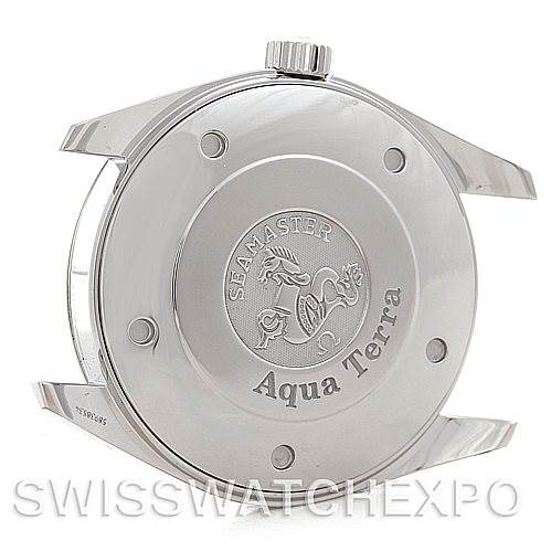 The image shows the back case of the Omega Aqua Terra 2517.50.00 Men
s Stainless Steel Black Dial 2517.50.00 Men
s Stainless Steel Black Dial watch at an angle, displaying the engraved logo and text.