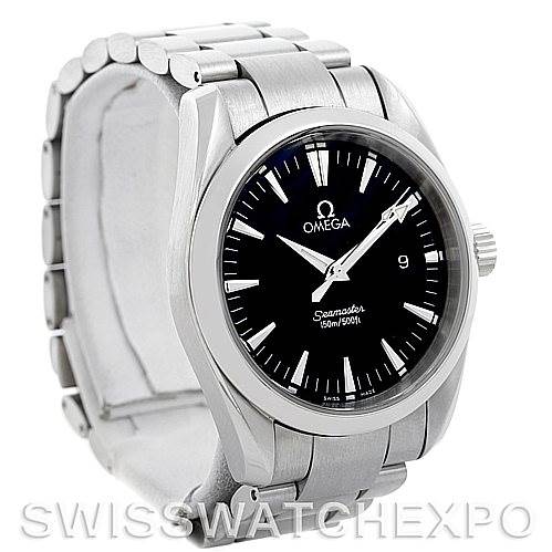 This image shows an Omega Aqua Terra 2518.50.00 Men's Stainless Steel Black Dial 2518.50.00 Men's Stainless Steel Black Dial watch at an angled view, highlighting the face, crown, and part of the bracelet.