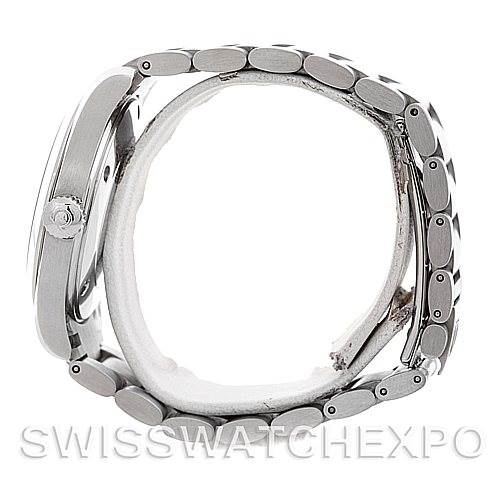 This side view of the Omega Aqua Terra 2518.50.00 Men's Stainless Steel Black Dial 2518.50.00 Men's Stainless Steel Black Dial watch showcases the case, crown, and bracelet.