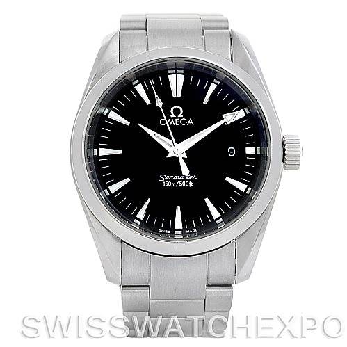 The image shows the front view of an Omega Aqua Terra 2518.50.00 Men's Stainless Steel Black Dial 2518.50.00 Men's Stainless Steel Black Dial watch, displaying its face, bezel, and stainless steel bracelet.