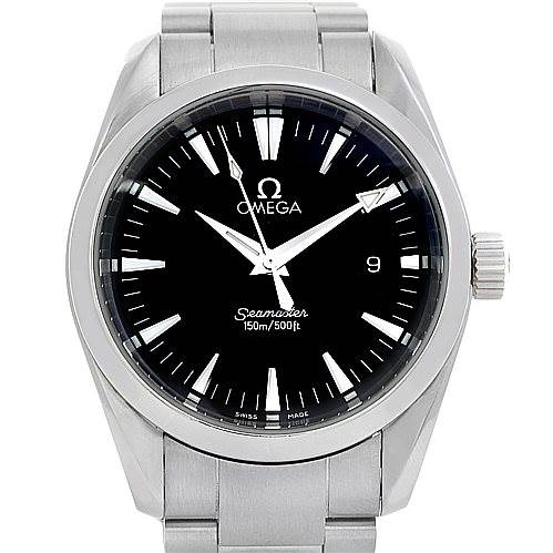 The Omega Aqua Terra 2518.50.00 Men's Stainless Steel Black Dial 2518.50.00 Men's Stainless Steel Black Dial watch is shown from a front angle, displaying its face, bezel, crown, and metal bracelet.