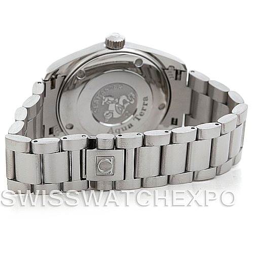 The image shows the back case and bracelet of the Omega Aqua Terra 2518.50.00 Men's Stainless Steel Black Dial 2518.50.00 Men's Stainless Steel Black Dial watch from a rear angle.