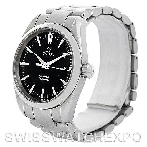 The Omega Aqua Terra 2518.50.00 Men's Stainless Steel Black Dial 2518.50.00 Men's Stainless Steel Black Dial watch is shown at a slight angled view, displaying its face, bezel, crown, and bracelet.