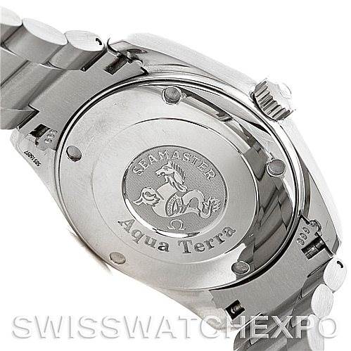 The image shows the back case of an Omega Aqua Terra 2518.50.00 Men's Stainless Steel Black Dial 2518.50.00 Men's Stainless Steel Black Dial watch, including the engraved logo and part of the metal bracelet.