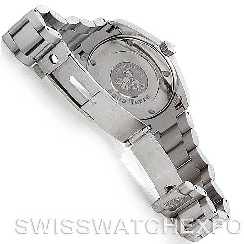 This image shows the back and clasp of the Omega Aqua Terra 2518.50.00 Men's Stainless Steel Black Dial 2518.50.00 Men's Stainless Steel Black Dial watch, highlighting its stainless steel bracelet and engraved case back.