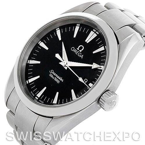 The image shows a close-up, three-quarter angle view of an Omega Aqua Terra 2518.50.00 Men's Stainless Steel Black Dial 2518.50.00 Men's Stainless Steel Black Dial watch, highlighting the face, bezel, crown, and part of the bracelet.