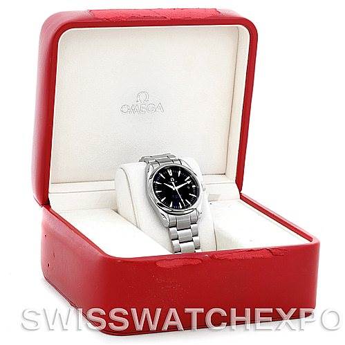 The image shows an Omega Aqua Terra 2518.50.00 Men's Stainless Steel Black Dial 2518.50.00 Men's Stainless Steel Black Dial watch with a metal bracelet inside a red Omega branded box.