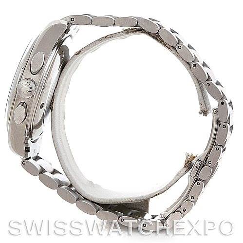 This image shows the side view of the Omega Aqua Terra 2512.50.00 Men
s Stainless Steel Black Dial 2512.50.00 Men
s Stainless Steel Black Dial watch, focusing on the crown, pushers, and stainless steel bracelet.