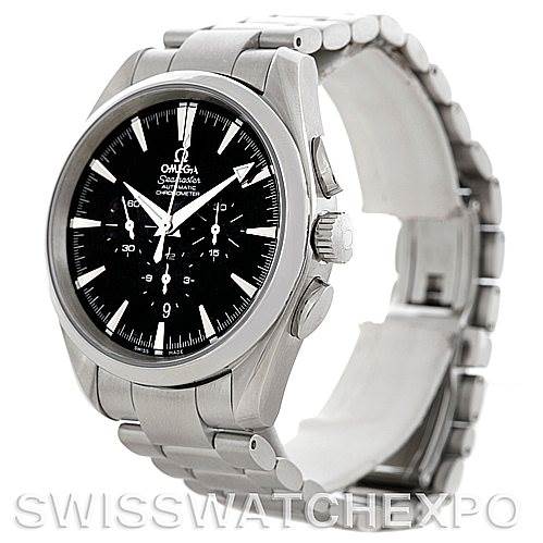 This Omega Aqua Terra 2512.50.00 Men
s Stainless Steel Black Dial 2512.50.00 Men
s Stainless Steel Black Dial watch is shown from a side angle, featuring its stainless steel case, bezel, bracelet, and black dial.