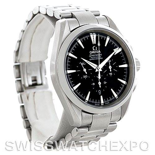The image shows a side and front angle of the Omega Aqua Terra 2512.50.00 Men
s Stainless Steel Black Dial 2512.50.00 Men
s Stainless Steel Black Dial watch, highlighting the case, dial, and stainless steel bracelet.