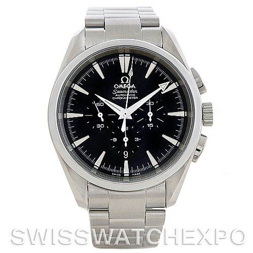 The image shows a front view of the Omega Aqua Terra 2512.50.00 Men
s Stainless Steel Black Dial 2512.50.00 Men
s Stainless Steel Black Dial watch, highlighting the dial, case, crown, and bracelet.