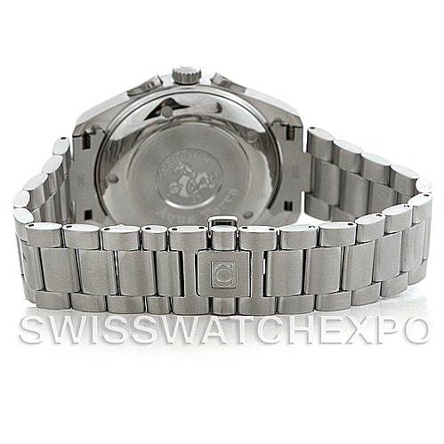 The image shows the back view of the Omega Aqua Terra 2512.50.00 Men
s Stainless Steel Black Dial 2512.50.00 Men
s Stainless Steel Black Dial watch, highlighting the case back and metal bracelet.