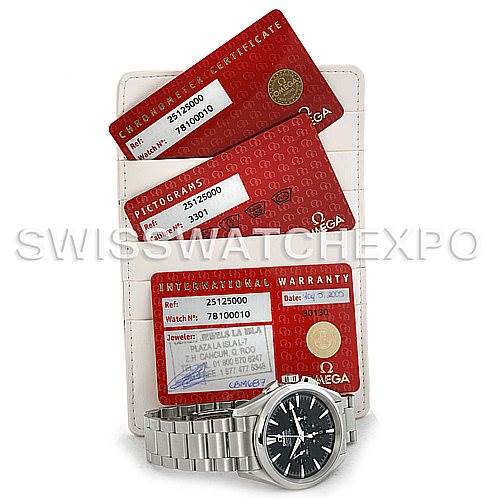 The image shows an Omega Aqua Terra 2512.50.00 Men
s Stainless Steel Black Dial 2512.50.00 Men
s Stainless Steel Black Dial watch with a metal bracelet, along with certification and warranty cards.