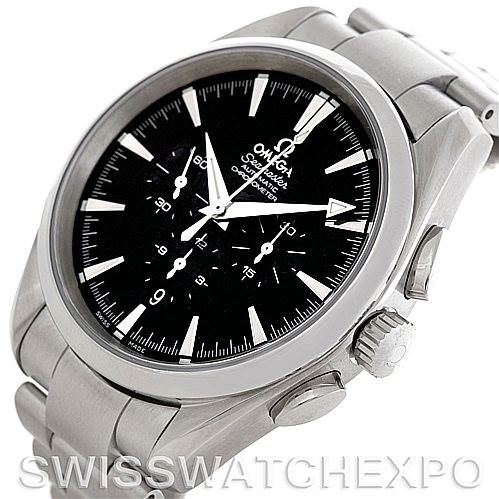 The image shows a side angle of the Omega Aqua Terra 2512.50.00 Men
s Stainless Steel Black Dial 2512.50.00 Men
s Stainless Steel Black Dial watch, highlighting the face, bezel, bracelet, and crown.