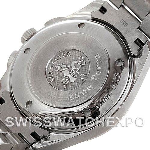 The image shows the case back of the Omega Seamaster Aqua Terra watch, highlighting its engraving and stainless steel bracelet.