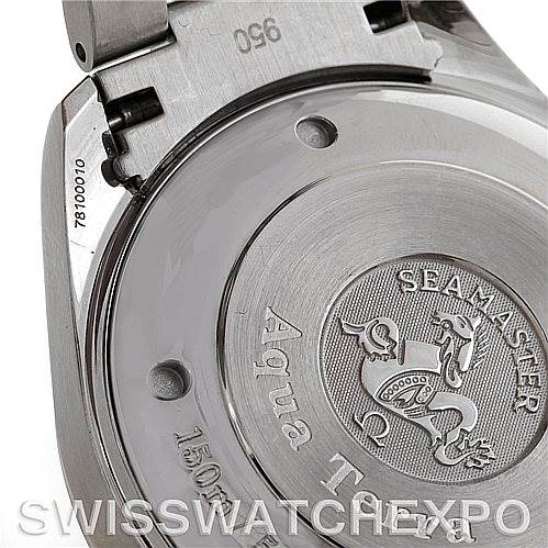 The image shows the backside and clasp of the Omega Aqua Terra 2512.50.00 Men
s Stainless Steel Black Dial 2512.50.00 Men
s Stainless Steel Black Dial watch, featuring the Seamaster engraving.