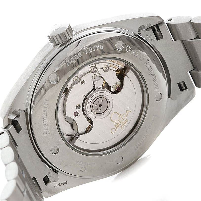 The image shows the back view of the Omega Aqua Terra 2502.30.00 Men's Stainless Steel Silver Dial 2502.30.00 Men's Stainless Steel Silver Dial watch, highlighting its transparent case back and mechanical movement.