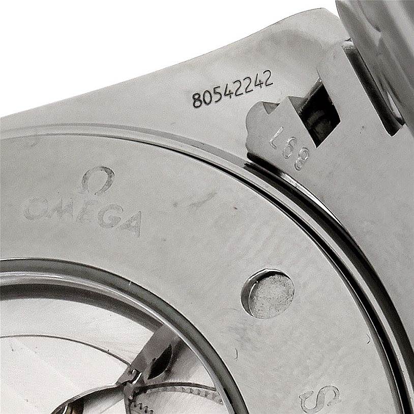 Close-up of the Omega Aqua Terra 2502.30.00 Men's Stainless Steel Silver Dial 2502.30.00 Men's Stainless Steel Silver Dial watch showing part of the back case with serial number and partial branding.