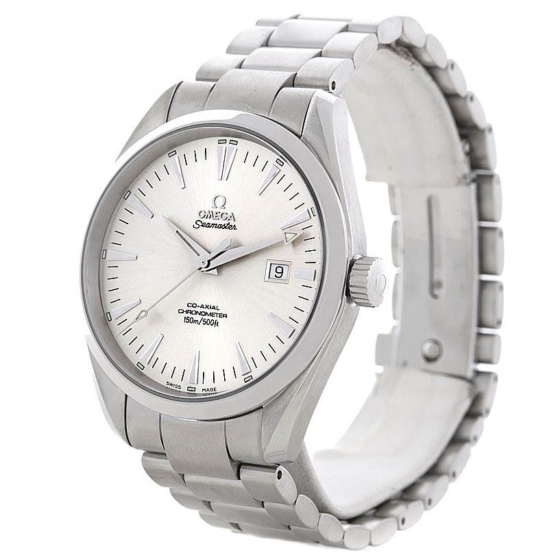 The image shows an Omega Seamaster Aqua Terra watch from a front right angle, displaying the face, crown, and bracelet.