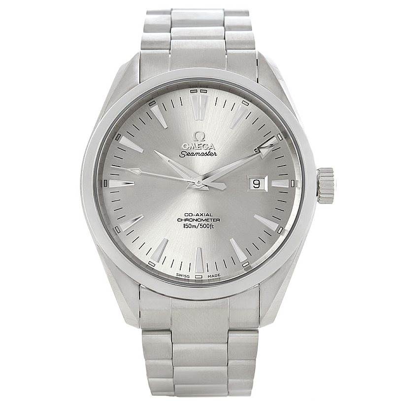 The Omega Aqua Terra 2502.30.00 Men's Stainless Steel Silver Dial 2502.30.00 Men's Stainless Steel Silver Dial watch is shown from a full frontal angle, displaying its face, bezel, crown, and bracelet.