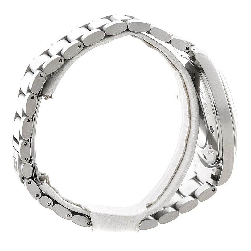 This side-angle view of the Omega Aqua Terra 2502.30.00 Men's Stainless Steel Silver Dial 2502.30.00 Men's Stainless Steel Silver Dial watch shows the stainless steel bracelet and a partial view of the case back.